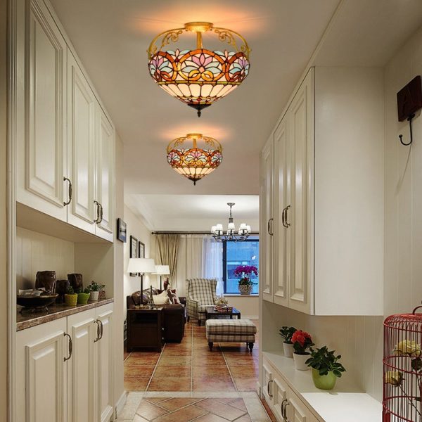 Traditional Tiffany Iron & Stained Glass Heart Dome Floral Pattern 3-Light Semi-Flush Mount Ceiling Light For Living Room - Image 3