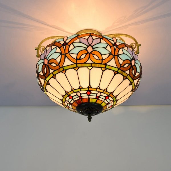 Traditional Tiffany Iron & Stained Glass Heart Dome Floral Pattern 3-Light Semi-Flush Mount Ceiling Light For Living Room - Image 2