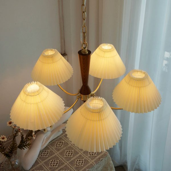 Modern Mid-Century Brass & Wood PVC Pleated Round Shade 3/5-Light Chandelier For Living Room - Image 13