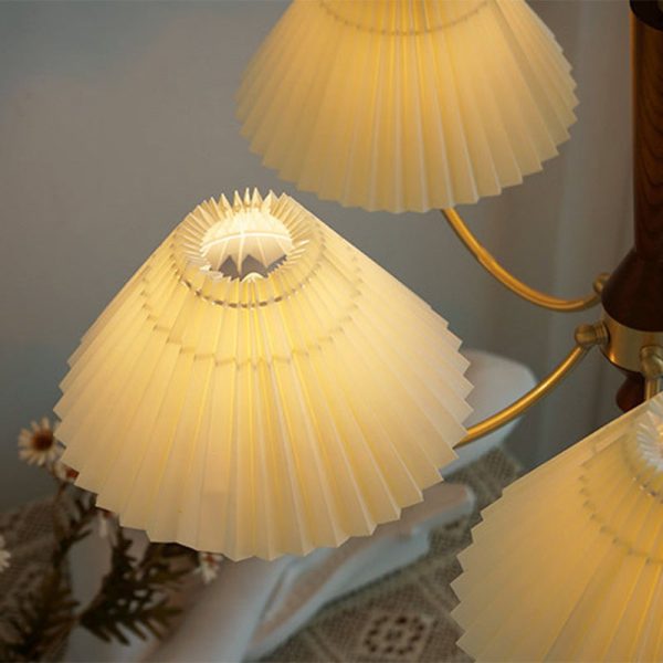 Modern Mid-Century Brass & Wood PVC Pleated Round Shade 3/5-Light Chandelier For Living Room - Image 9