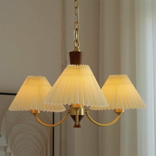 Modern Mid-Century Brass & Wood PVC Pleated Round Shade 3/5-Light Chandelier For Living Room - Image 12
