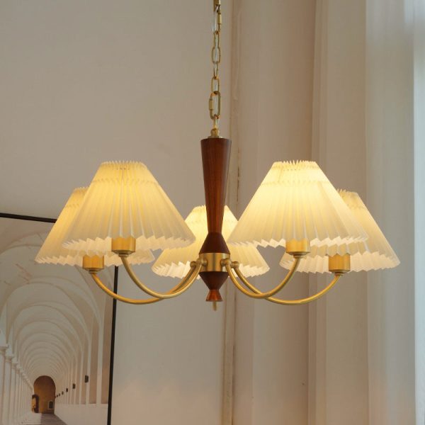 Modern Mid-Century Brass & Wood PVC Pleated Round Shade 3/5-Light Chandelier For Living Room - Image 3