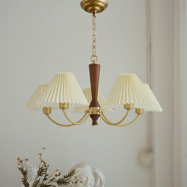 Modern Mid-Century Brass & Wood PVC Pleated Round Shade 3/5-Light Chandelier For Living Room - Image 15