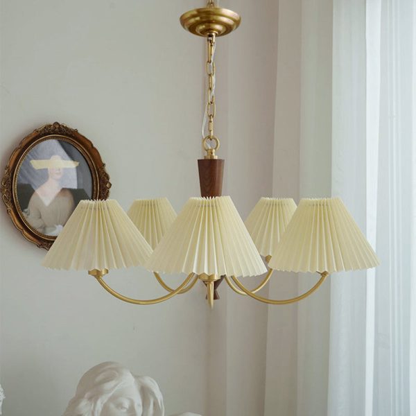 Modern Mid-Century Brass & Wood PVC Pleated Round Shade 3/5-Light Chandelier For Living Room - Image 17