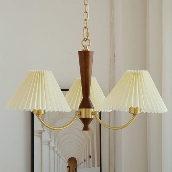 Modern Mid-Century Brass & Wood PVC Pleated Round Shade 3/5-Light Chandelier For Living Room - Image 19