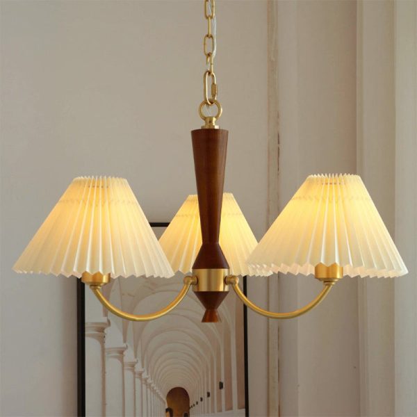 Modern Mid-Century Brass & Wood PVC Pleated Round Shade 3/5-Light Chandelier For Living Room - Image 2