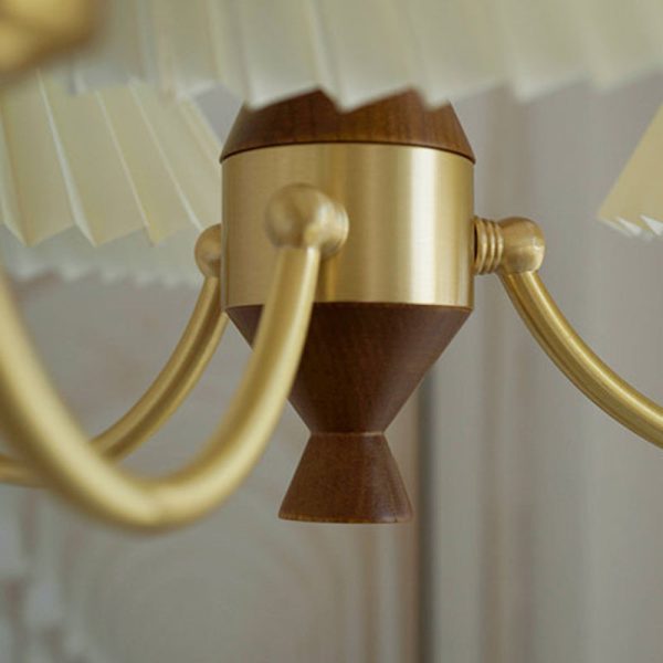 Modern Mid-Century Brass & Wood PVC Pleated Round Shade 3/5-Light Chandelier For Living Room - Image 8