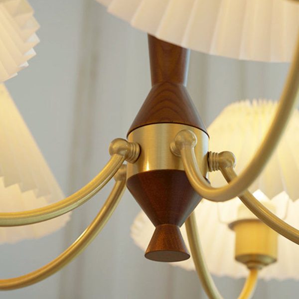 Modern Mid-Century Brass & Wood PVC Pleated Round Shade 3/5-Light Chandelier For Living Room - Image 7