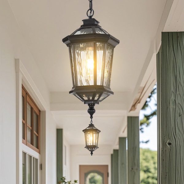 Traditional Vintage Aluminum & Ripple Glass Octagonal 1-Light Pendant Light For Outdoor Patio - Image 10