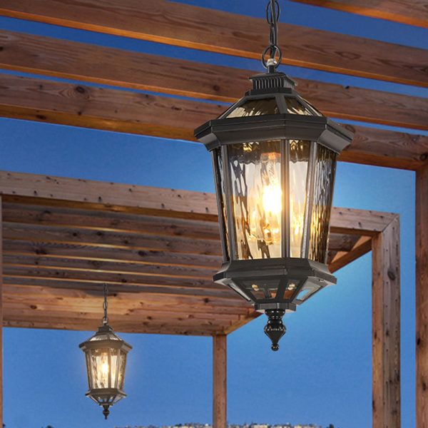 Traditional Vintage Aluminum & Ripple Glass Octagonal 1-Light Pendant Light For Outdoor Patio - Image 12