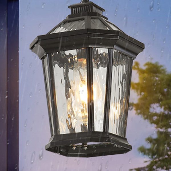 Traditional Vintage Aluminum & Ripple Glass Octagonal 1-Light Pendant Light For Outdoor Patio - Image 3