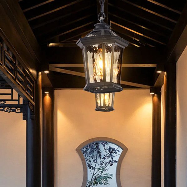 Traditional Vintage Aluminum & Ripple Glass Octagonal 1-Light Pendant Light For Outdoor Patio - Image 2