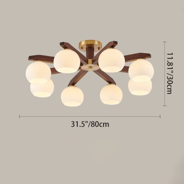 Traditional Chinese Copper Wood Glass Branch Globe Cylinder 5/6/8/10 Light Semi-Flush Mount Ceiling Light For Living Room - Image 6