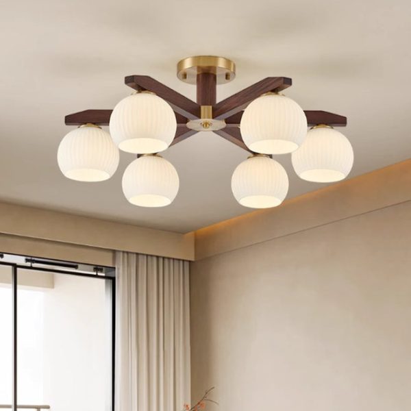 Traditional Chinese Copper Wood Glass Branch Globe Cylinder 5/6/8/10 Light Semi-Flush Mount Ceiling Light For Living Room - Image 3