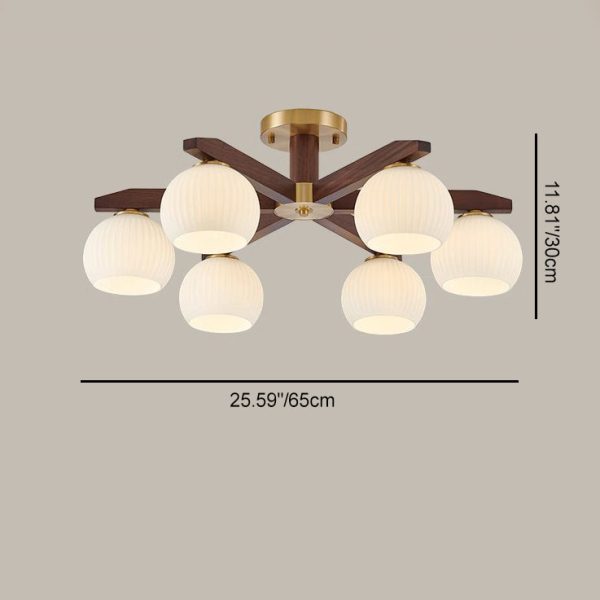 Traditional Chinese Copper Wood Glass Branch Globe Cylinder 5/6/8/10 Light Semi-Flush Mount Ceiling Light For Living Room - Image 5