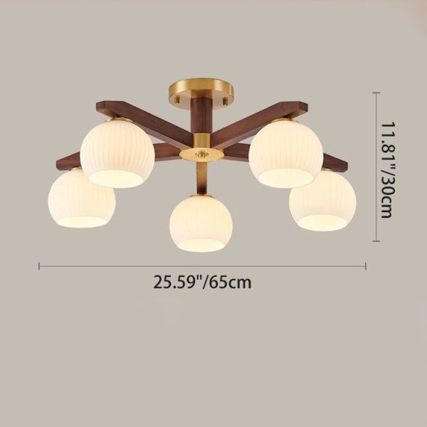 Traditional Chinese Copper Wood Glass Branch Globe Cylinder 5/6/8/10 Light Semi-Flush Mount Ceiling Light For Living Room - Image 4