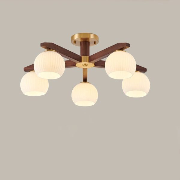 Traditional Chinese Copper Wood Glass Branch Globe Cylinder 5/6/8/10 Light Semi-Flush Mount Ceiling Light For Living Room - Image 14