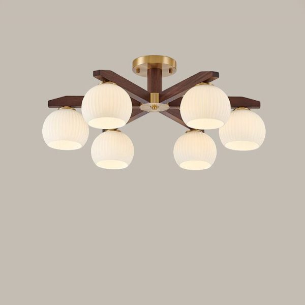 Traditional Chinese Copper Wood Glass Branch Globe Cylinder 5/6/8/10 Light Semi-Flush Mount Ceiling Light For Living Room - Image 15