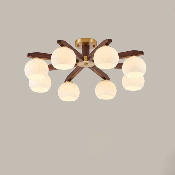 Traditional Chinese Copper Wood Glass Branch Globe Cylinder 5/6/8/10 Light Semi-Flush Mount Ceiling Light For Living Room - Image 16