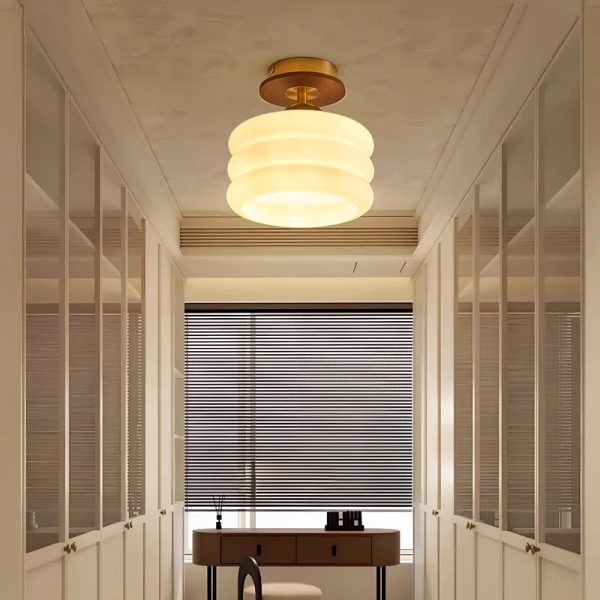 Contemporary Retro Walnut Wood Metal Glass Floral 1-Light Semi-Flush Mount Ceiling Light For Living Room - Image 2