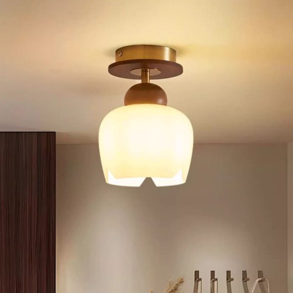 Contemporary Retro Walnut Wood Metal Glass Floral 1-Light Semi-Flush Mount Ceiling Light For Living Room - Image 14
