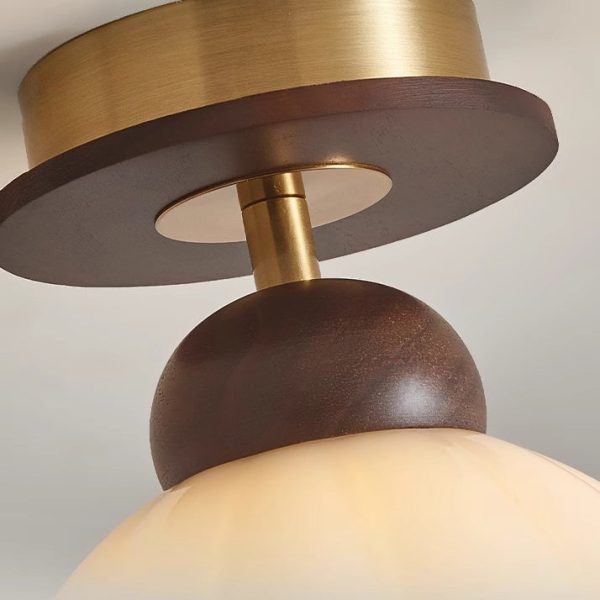 Contemporary Retro Walnut Wood Metal Glass Floral 1-Light Semi-Flush Mount Ceiling Light For Living Room - Image 7