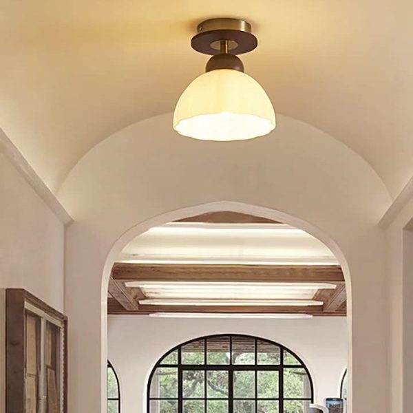 Contemporary Retro Walnut Wood Metal Glass Floral 1-Light Semi-Flush Mount Ceiling Light For Living Room - Image 19