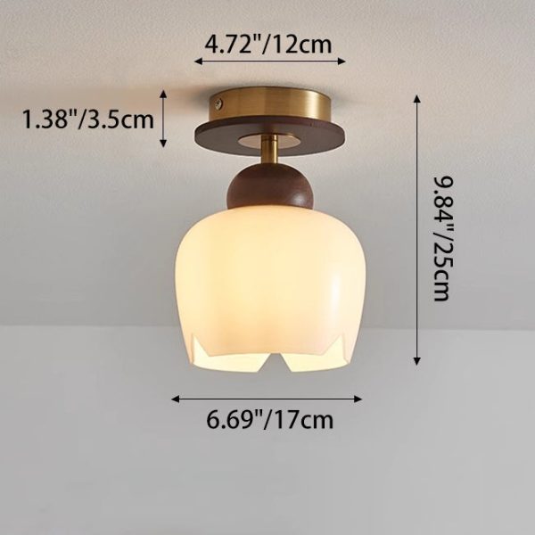 Contemporary Retro Walnut Wood Metal Glass Floral 1-Light Semi-Flush Mount Ceiling Light For Living Room - Image 5