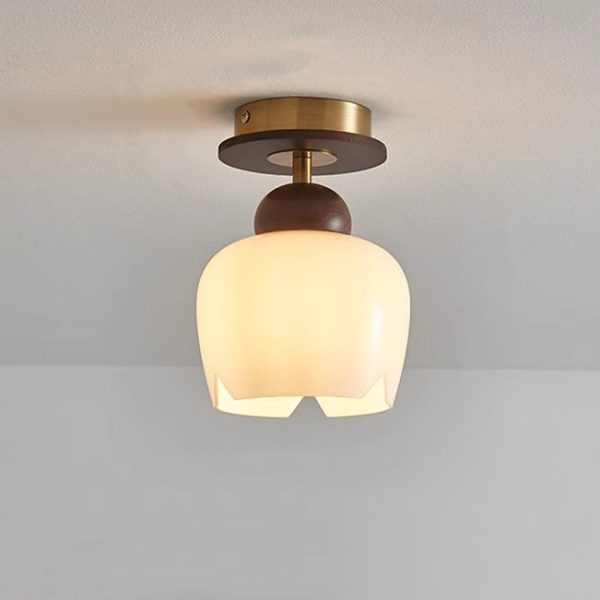 Contemporary Retro Walnut Wood Metal Glass Floral 1-Light Semi-Flush Mount Ceiling Light For Living Room - Image 12