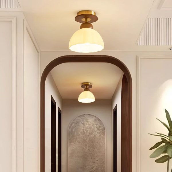 Contemporary Retro Walnut Wood Metal Glass Floral 1-Light Semi-Flush Mount Ceiling Light For Living Room - Image 3