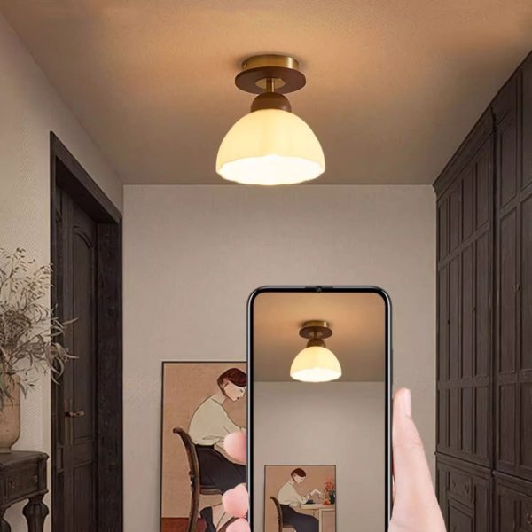 Contemporary Retro Walnut Wood Metal Glass Floral 1-Light Semi-Flush Mount Ceiling Light For Living Room - Image 10