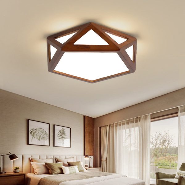 Traditional Chinese Solid Wood & Acrylic Hexagonal LED Flush Mount Ceiling Light For Bedroom - Image 2