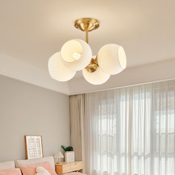 Modern Minimalist All-Copper Glass Striped Globe Shade 4/6-Light Semi-Flush Mount Light For Living Room - Image 3