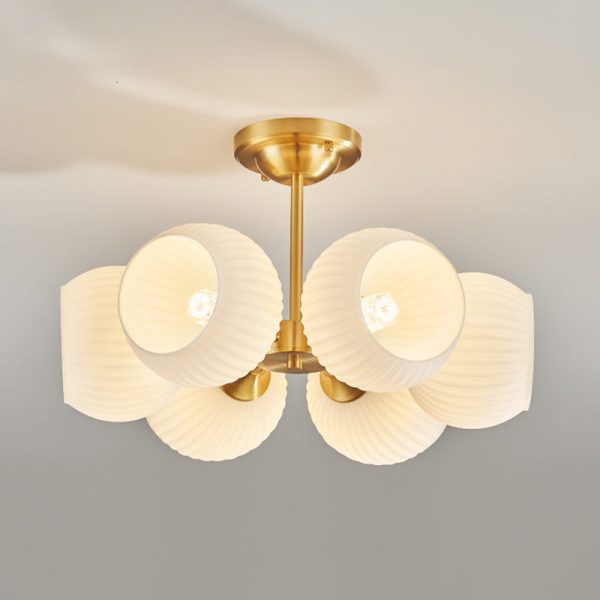 Modern Minimalist All-Copper Glass Striped Globe Shade 4/6-Light Semi-Flush Mount Light For Living Room - Image 13