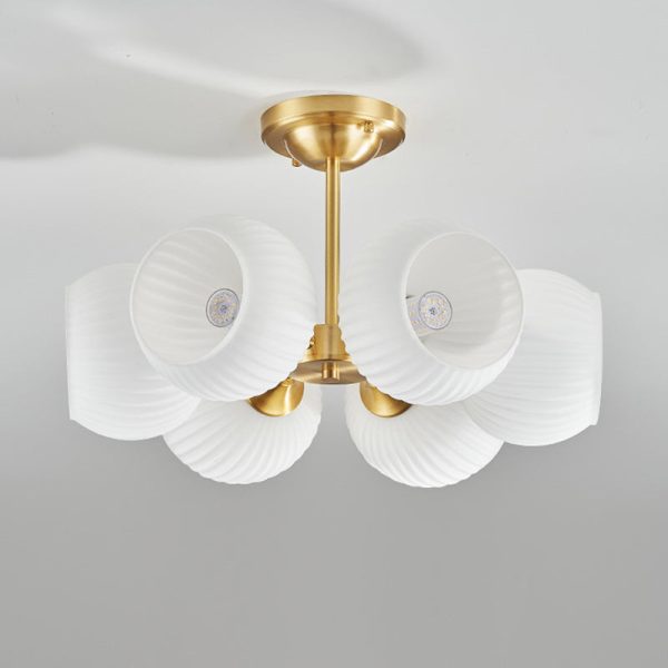 Modern Minimalist All-Copper Glass Striped Globe Shade 4/6-Light Semi-Flush Mount Light For Living Room - Image 14