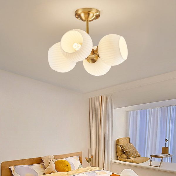 Modern Minimalist All-Copper Glass Striped Globe Shade 4/6-Light Semi-Flush Mount Light For Living Room - Image 2