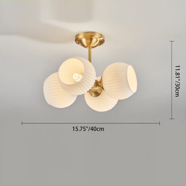 Modern Minimalist All-Copper Glass Striped Globe Shade 4/6-Light Semi-Flush Mount Light For Living Room - Image 4