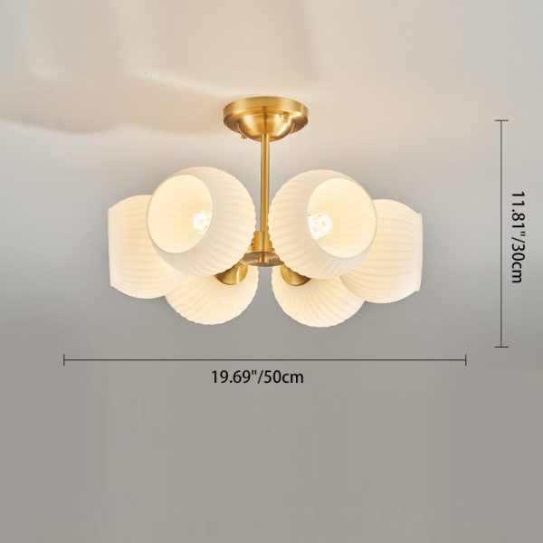 Modern Minimalist All-Copper Glass Striped Globe Shade 4/6-Light Semi-Flush Mount Light For Living Room - Image 5