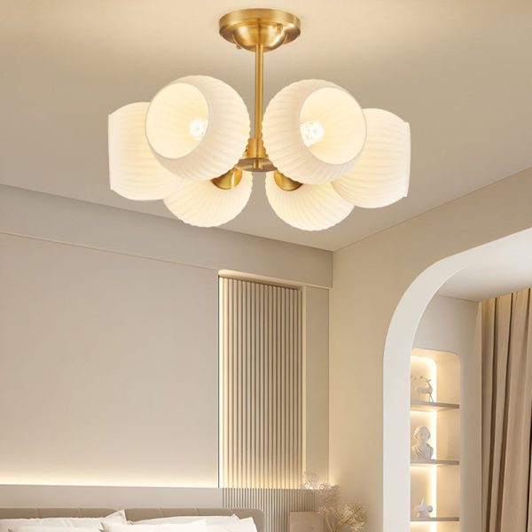 Modern Minimalist All-Copper Glass Striped Globe Shade 4/6-Light Semi-Flush Mount Light For Living Room - Image 10