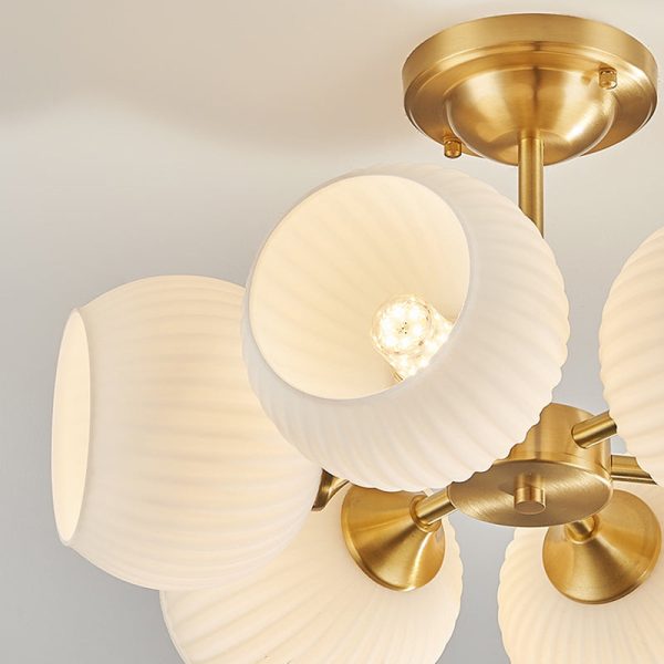 Modern Minimalist All-Copper Glass Striped Globe Shade 4/6-Light Semi-Flush Mount Light For Living Room - Image 6