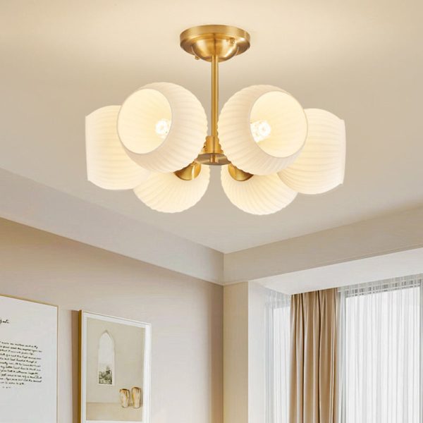 Modern Minimalist All-Copper Glass Striped Globe Shade 4/6-Light Semi-Flush Mount Light For Living Room - Image 11