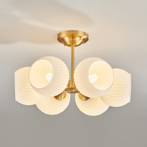 Modern Minimalist All-Copper Glass Striped Globe Shade 4/6-Light Semi-Flush Mount Light For Living Room - Image 12