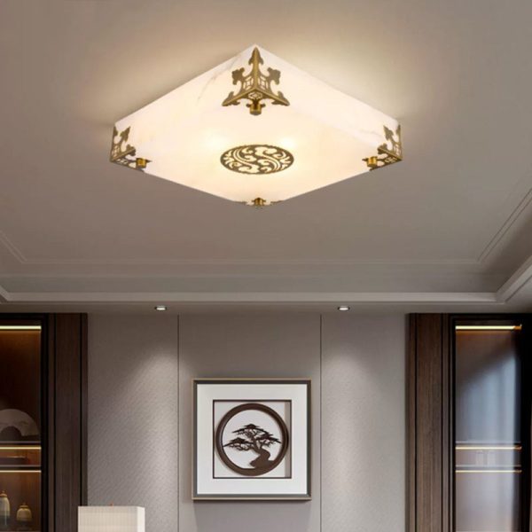Traditional Chinese Brass & Jade Square LED Flush Mount Ceiling Light For Living Room - Image 2