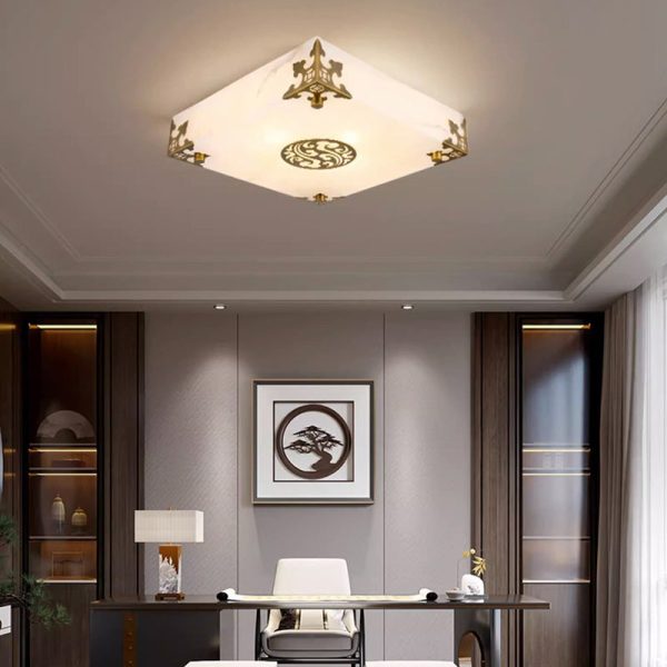 Traditional Chinese Brass & Jade Square LED Flush Mount Ceiling Light For Living Room - Image 15