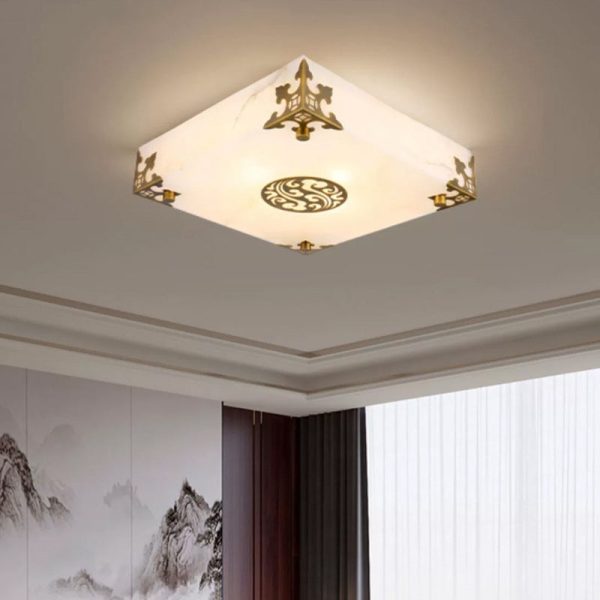 Traditional Chinese Brass & Jade Square LED Flush Mount Ceiling Light For Living Room - Image 16