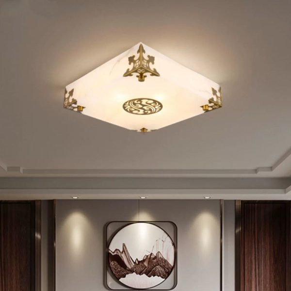 Traditional Chinese Brass & Jade Square LED Flush Mount Ceiling Light For Living Room - Image 17