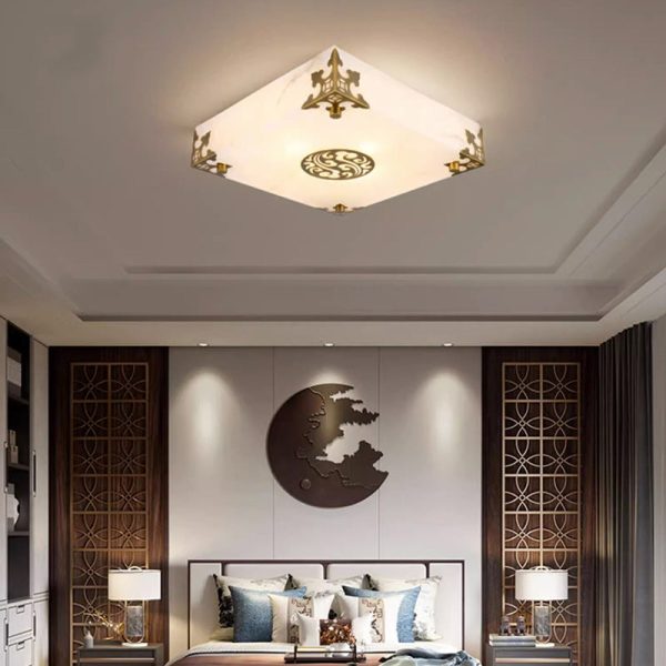 Traditional Chinese Brass & Jade Square LED Flush Mount Ceiling Light For Living Room - Image 3