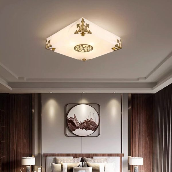 Traditional Chinese Brass & Jade Square LED Flush Mount Ceiling Light For Living Room - Image 12