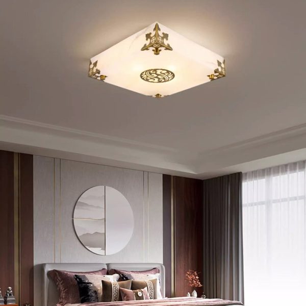 Traditional Chinese Brass & Jade Square LED Flush Mount Ceiling Light For Living Room - Image 13