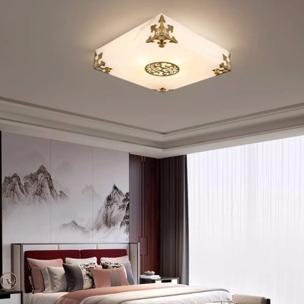 Traditional Chinese Brass & Jade Square LED Flush Mount Ceiling Light For Living Room - Image 14